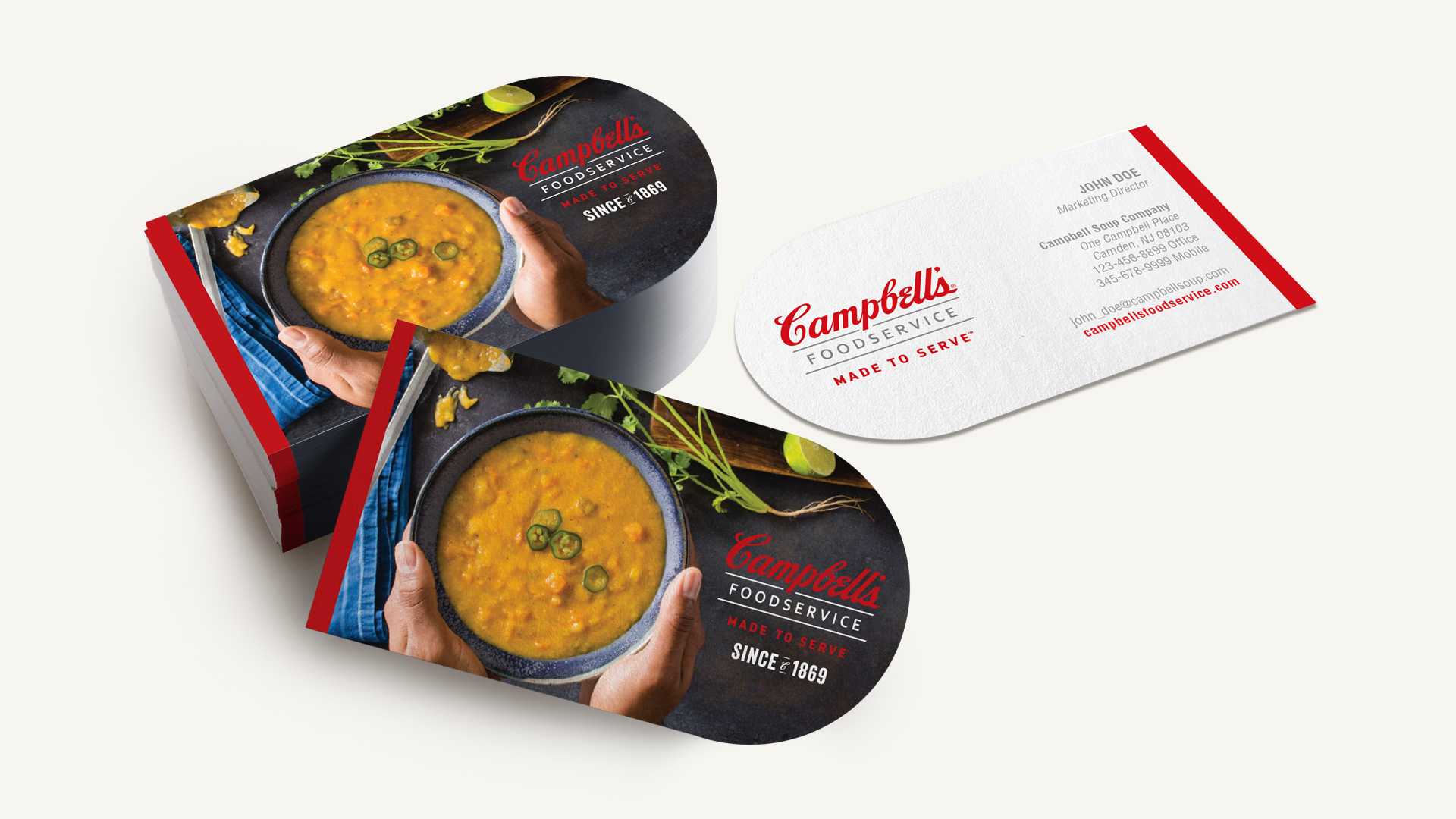 The business cards we developed used the rounded shape of the can, but in a new, evolved way. The visuals broke through the clutter of standard business cards and communicated their commitment to good food.