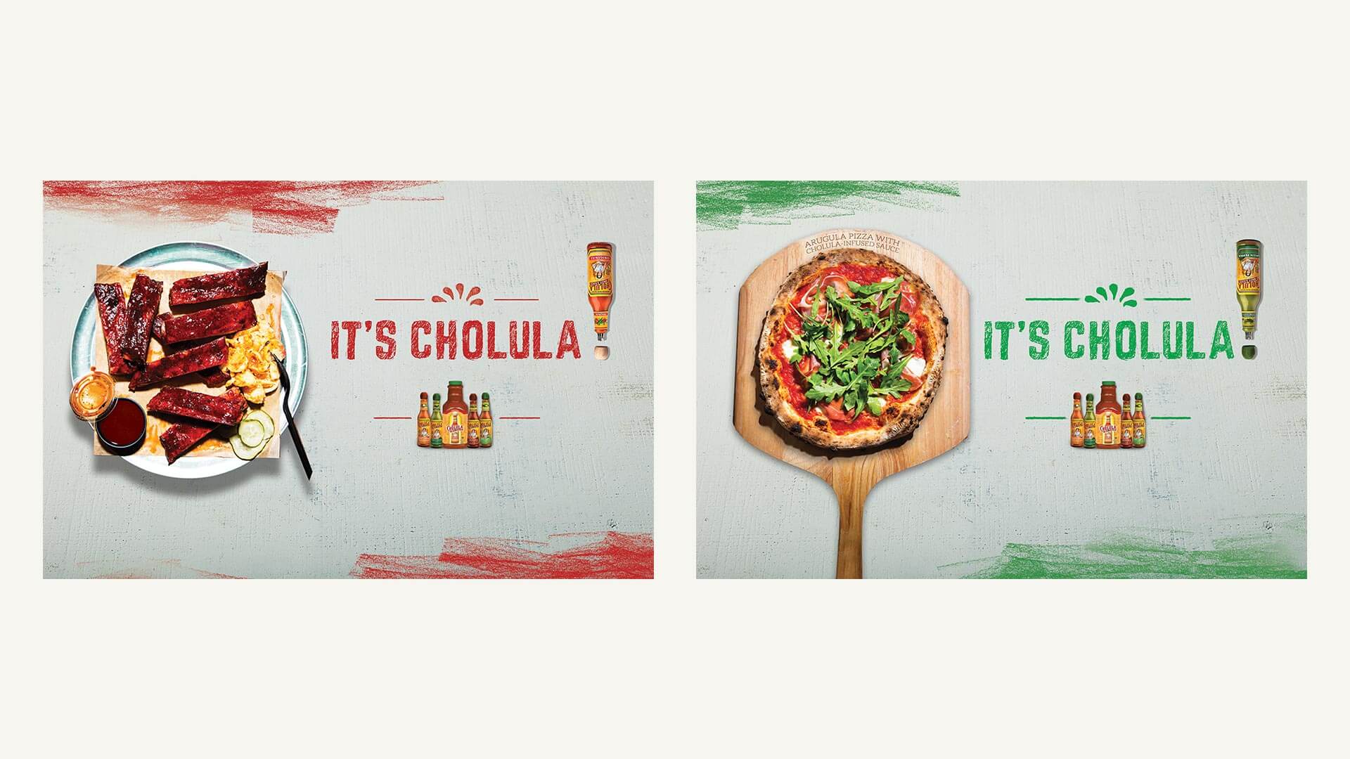 The iconic new look for Cholula had three key elements. One, because the Cholula flavor is perfectly balanced, the food was the hero. Two, the accent color in the creative always matched the sauce that made up the food, showing a seamless integration. And three, the upside-down bottle was a metaphor for the perfect punctuation on your dish.