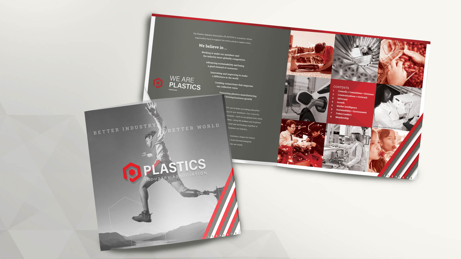To highlight the purpose behind PLASTICS and bring forward key member benefits, we created a lookbook utilizing plastic itself as well as impactful imagery that depicts the faces of the industry.
