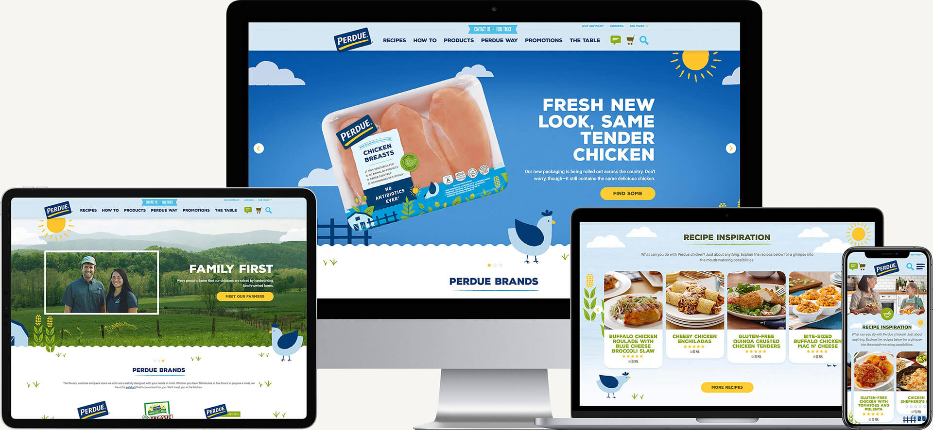 The updated site was responsively designed to not only extend the new look and feel of Perdue’s packaging but also optimize for mobile, given that 80% of site visitors were viewing via phones and tablets.