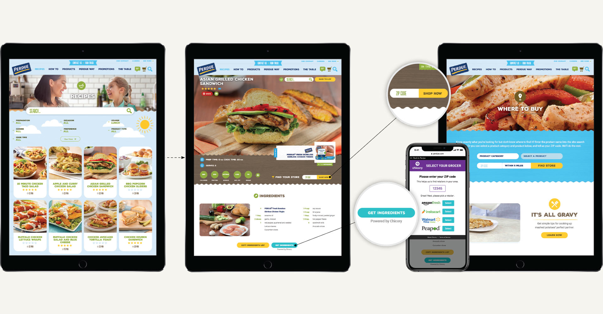 With a retail mindset, we looked to connect the consumer’s journey from planning to purchase by creating a pre-commerce experience. This was accomplished by cross-promoting products and recipes, as well as giving consumers the ability to move a recipe’s ingredients directly to their preferred retailer’s online cart or their nearest store location.